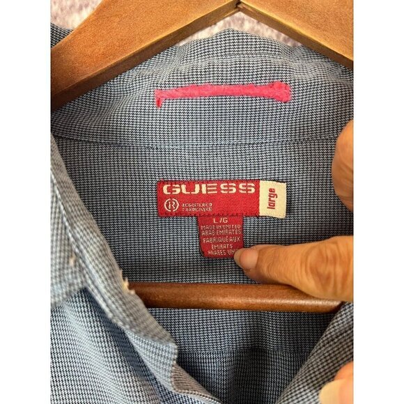 Vintage Guess Shirt Mens L Blue Micro Houndstooth Viscose Button Down Unique 90s - Picture 3 of 15